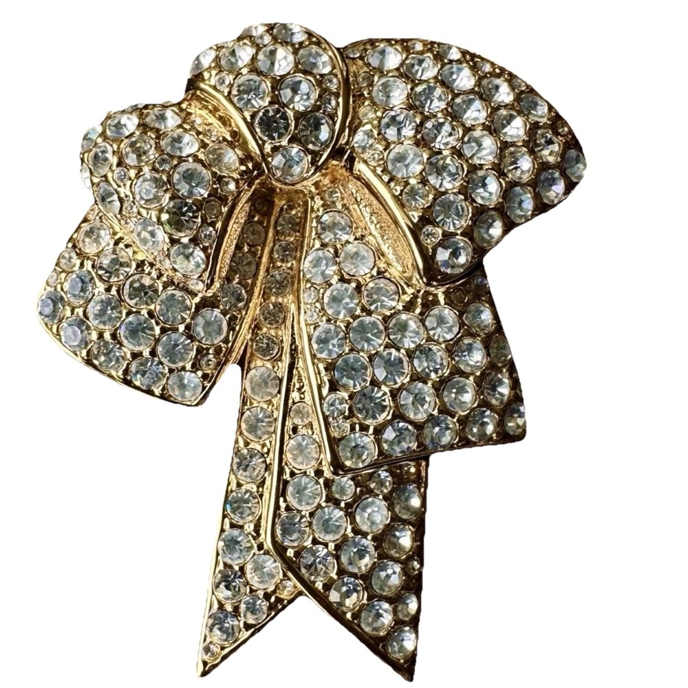 Vintage Nolan Miller Bow Brooch Gold Pave Rhinestone Ribbon Pin Large